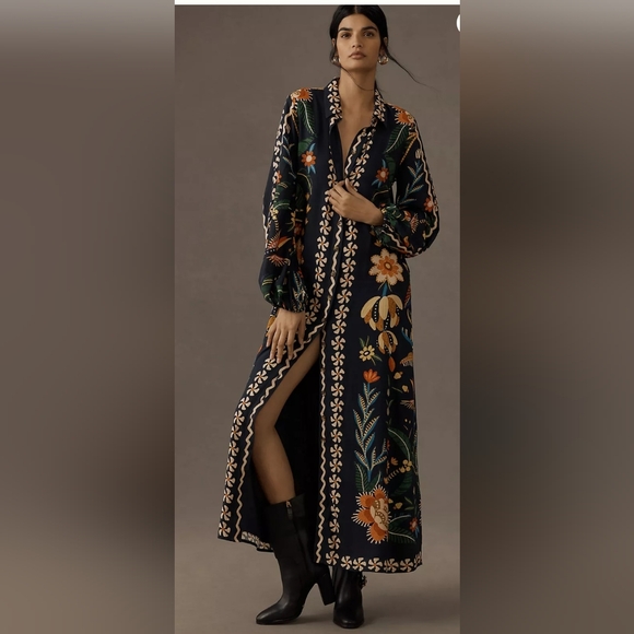 Farm Rio Anthropologie Floral Shirt Dress Tropical Buttondown Black Size Small - Picture 1 of 9